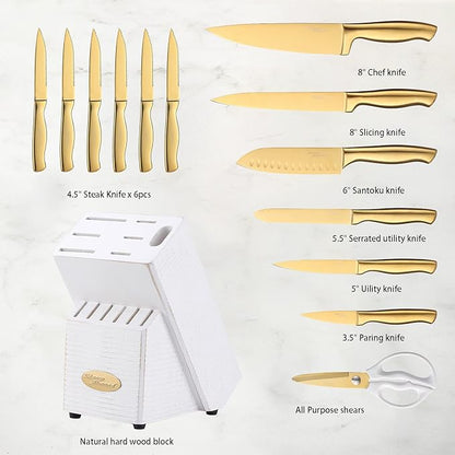 Marco Almond® Gold Knife Set, Knife Block Set MA21,Titanium Coated 14 Pieces Stainless Steel Chef Gold Kitchen Knife Sets with White Block