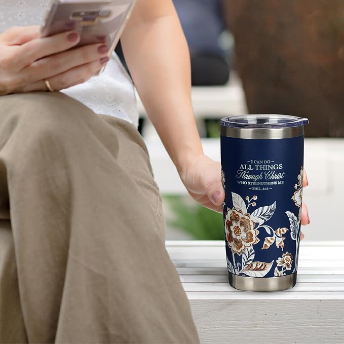 Christian Art Gifts Stainless Steel Scripture Tumbler Travel Mug for Women: All Things Through Christ Inspirational Bible Verse, Double-wall Vacuum Insulated w/Lid Hot/Cold, Navy Blue Floral, 18oz.