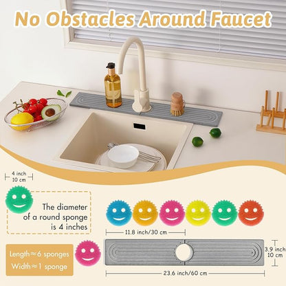 Diatomite Sink Protector for Kitchen, 23.6" Durable Faucet Mat Splash Guard, Super Absorbent Soap Drying Ttray Sponge Holder for Kitchen Bathroom Sink Accessories Gadgets, Gift for Sister, Light Gray