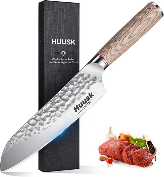 Huusk Japanese Chef Knife for Home & Kitchen - 7" Stainless Santoku Knife with Ultra Sharp High Carbon Blade, Cooking Knifes for Vegetable & Meat Cutting with Wood Handle, Gift Idea for Cooking Lovers