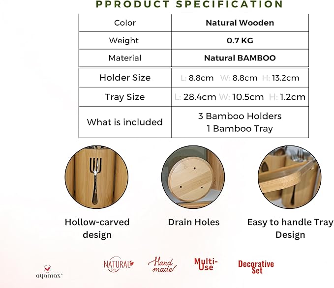 Bamboo Cutlery Holder Set - 3 Kitchen Utensils Holder Organiser with Bamboo Tray | Decorative Kitchen Countertop Stand | Knife, Fork and Spoon Holders
