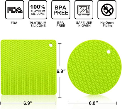 Walfos Silicone Trivet Mats - 4 Heat Resistant Pot Holders, Multipurpose Non-Slip Hot Pads for Kitchen Potholders, Hot Dishers, Jar Opener, Spoon Holder, Food Grade Silicone & BPA Free (Green)