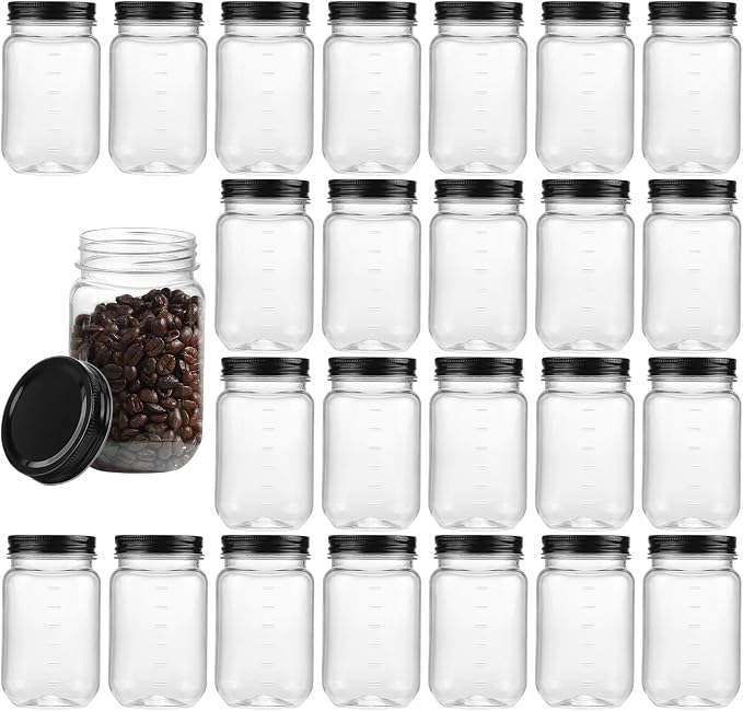 16 OZ Mason Jars Plastic Clear Storage Containers with Lids Empty Refillable Airtight Container for Home Kitchen (Black, 24 Pack)