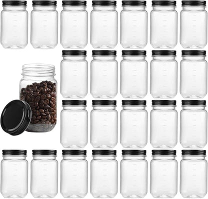 16 OZ Mason Jars Plastic Clear Storage Containers with Lids Empty Refillable Airtight Container for Home Kitchen (Black, 24 Pack)