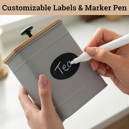 Kitchen Canisters for Countertop Set of 4 with Customizable Chalkboard Labels & Marker Pen - Big Iron Kitchen Canisters with Airtight Lids - Gray Canister Set - Flour and Sugar Containers Farmhouse