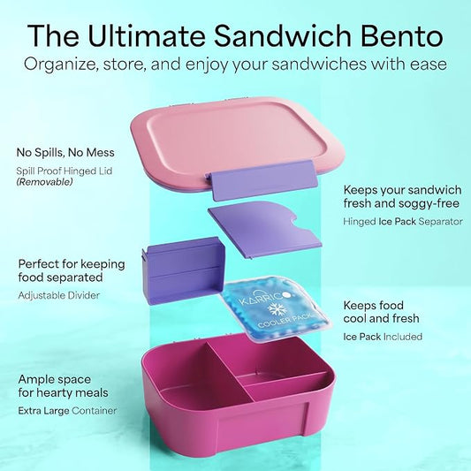 KARRICO Leakproof Lunch Box – 3-Compartment Bento Box, Cooler Pack & Adjustable Divider, Extra Large & BPA-Free – Dishwasher Safe, Ideal for On-the-Go Meals, Pink & Blue