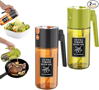 2-Pack Black and Green Oil Sprayer Set, Two 500ml Dark-Tinted Glass Spray and Pour Bottles for Multi-Oil Organization, Meal Prep, BBQ, Salad
