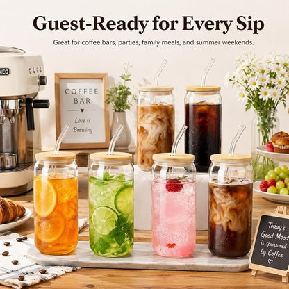Glass Cups with Lids and Straws Set of 16, 16 oz Can Glasses with Bamboo Lids and Glass Straws, Iced Coffee Cups for Beer, Tea, Soda, Summer Hosting, Parties, Family Gatherings and Coffee Bar