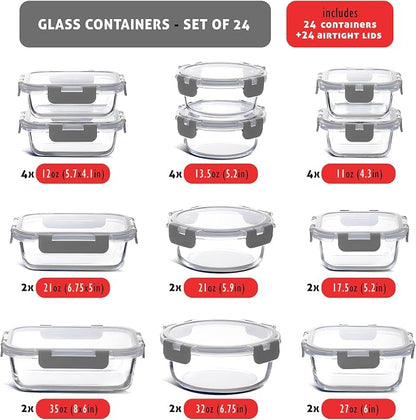 EATEX 48pc Glass Storage Containers with Lids, 24 Glass Food Storage Containers with 24 Airtight Lids for Pantry & Kitchen, Meal Prep Containers for Lunch, Oven Freezer Microwave & Dishwasher Safe