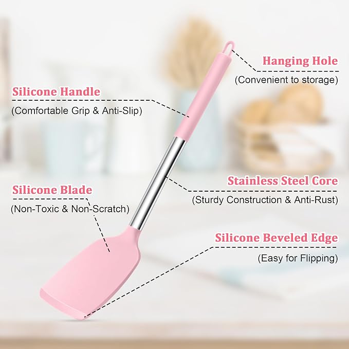 TeamFar Cooking Utensils Set, 5 PCS Silicone Kitchen Utensils with Stainless Steel Handle for Nonstick Cookware Turning Flipping Frying Draining, Heatproof & Healthy, Nonstick & Easy Clean, Pink