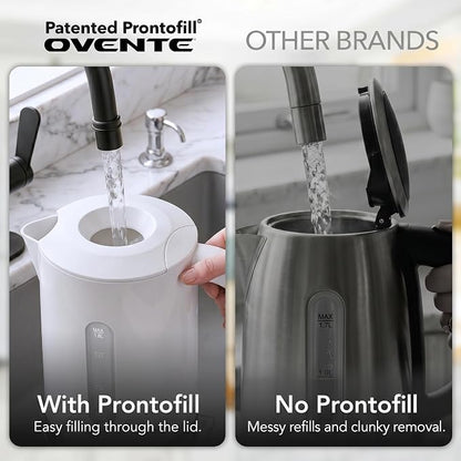 OVENTE 1.8L Electric Kettle, 1500W Fast Boiling Heater for Coffee or Tea, BPA Free, Easy to Fill Lid, Water Level Window, Auto Shut-Off, Boil-Dry Protection and Removable Filter, White KP413W