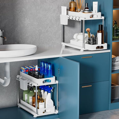 VERIFOST 2 Pack Under Sink Organizers and Storage, Double Sliding Kitchen Cabinet Organizer, 2 Tier Height Adjustable Countertop Organizer for Kitchen Bathroom Laundry, White
