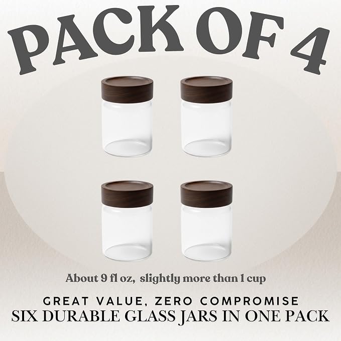 Wide Mouth Glass Storage Jars With 3" Acacia Wood Lids - 4 Pack of 9.1 Oz Airtight Food Storage Containers - Borosilicate Glass Canisters for Kitchen - Pantry Organizers and Storage for Rice Coffee