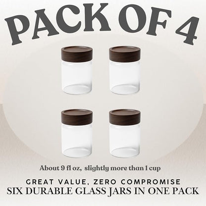 Wide Mouth Glass Storage Jars With 3" Acacia Wood Lids - 4 Pack of 9.1 Oz Airtight Food Storage Containers - Borosilicate Glass Canisters for Kitchen - Pantry Organizers and Storage for Rice Coffee