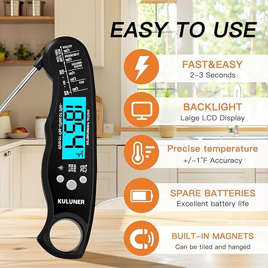 KULUNER Digital Meat Thermometer Instant Read, Waterproof Probe with Backlight & Calibration, Ultra Fast 2-3s Reading, Stainless Steel Kitchen Food Thermometer for Grilling BBQ Cooking Candy - Black