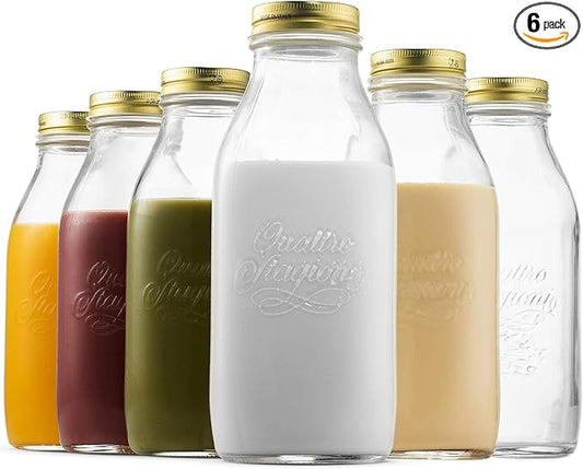 Bormioli Rocco Quattro Stagioni Glass Milk Bottle 33.75 Ounce/1 Liter with Airtight Lid, Great For Kombucha Brewing Bottle, Beer, Homemade Juicing, Smoothies, Beverages, Durable Construction. (6 Pack)