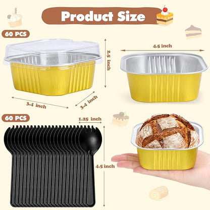 selizo 60 Pack 10oz Mini Disposable Cake Pans with Lids, Aluminum Foil Square Baking Cups, 4.4x4.4 Large Baking Cake Tins Cup Cake Containers with Lids for Individual Cakes