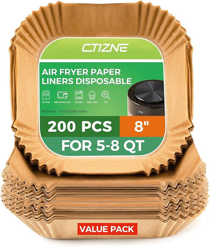 Air Fryer Liners Disposable, 200Pcs 8" Square Unbleached Parchment Paper Liners Non-Stick & Waterproof Oilproof for 5-8 QT Airfryer Basket, Baking, Roasting Microwave, Oven