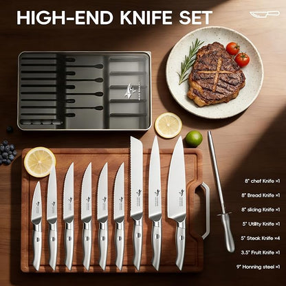 MAD SHARK Knife Sets, 11 Pieces Kitchen Knife Set with Block, High Carbon Stainless Steel Knives with Sharpener Rod, Non Slip Ergonomic Handle, Quality Drawer Organizer, Gift Box Packaging