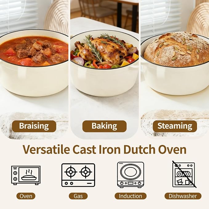 Enameled Cast Iron Dutch Oven with Lid -6.5 QT, incl. Sourdough Bread-Baking Supplies like Banneton Proofing Basket, Heavy Duty Cookware Bread-Oven for Baking, Stews, and Roasting, Cream White