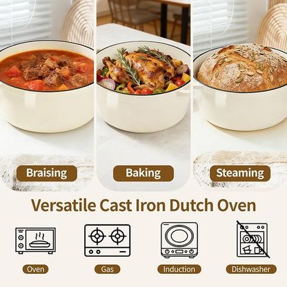 Enameled Cast Iron Dutch Oven with Lid -6.5 QT, incl. Sourdough Bread-Baking Supplies like Banneton Proofing Basket, Heavy Duty Cookware Bread-Oven for Baking, Stews, and Roasting, Cream White