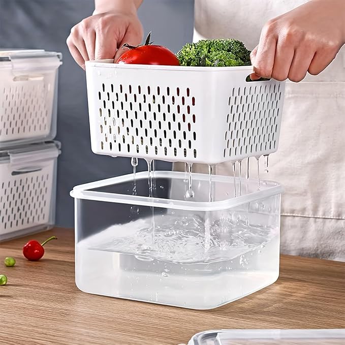 2PC Food Storage Containers for Fridge with Lid, Washable Fruit Storage Containers with Removable Colanders, Keep Fruits, Vegetables, Berry, Meat Fresh Longer