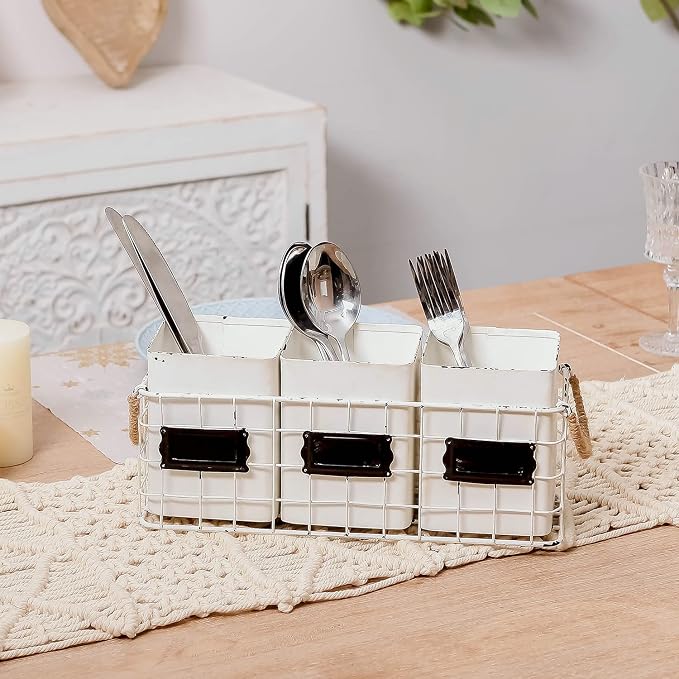 NIKKY HOME Farmhouse 3 Compartment Flatware Cutlery Caddy Countertop Silverware Holder for Spoons, Knives, Forks - White