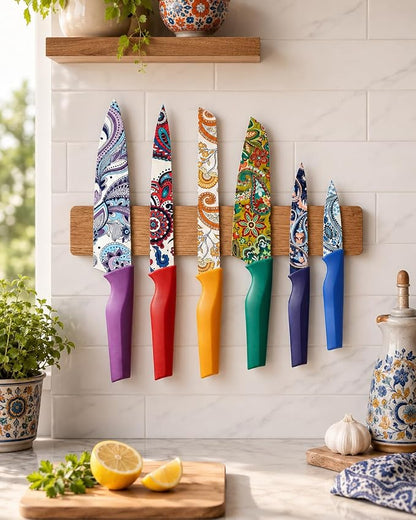 Astercook Paisley Pattern Knife Set with Cover, Dishwasher Safe Colorful Knives with 6 Knife Sheath, German Stainless Steel Rainbow Knife Set