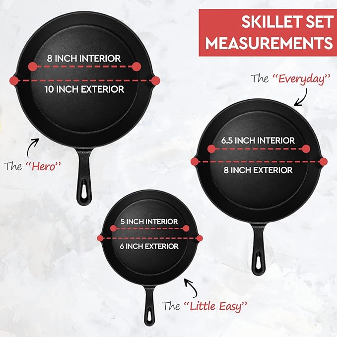 Cast Iron Skillet 3-Piece Set w/Cookbook - Heavy-Duty Professional Restaurant Chef Quality Pre-Seasoned Pan Cookware - 10", 8", 6" Pans - For Frying, Saute, Cooking, Pizza - Black