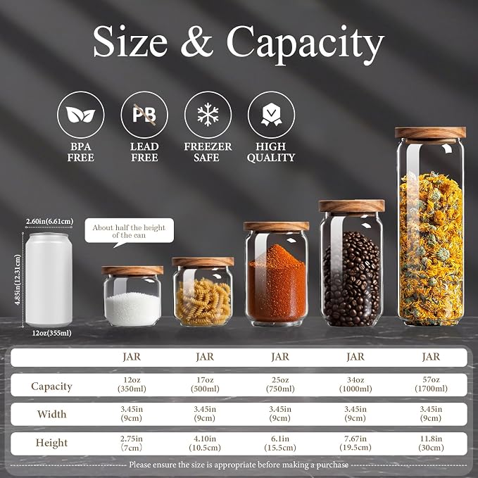 Glass Jars with Airtight Wood Lids - 34 OZ Kitchen Pantry Storage Containers, Decorative Canister for Fusilli, Spaghetti, Pasta, Sugar, Coffee Beans, Cereal, Oats, Candy, Cookie, Tea, Nuts, Set of 2