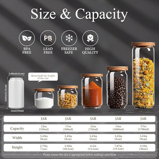 Glass Jars with Airtight Wood Lids - 17 oz Small Kitchen Pantry Storage Containers, Stackable Decorative Canisters for Chia Seed, Tea, Ground Coffee, Sugar, Spice, Salt, Matcha, Nuts, Q-Tip, Set of 2