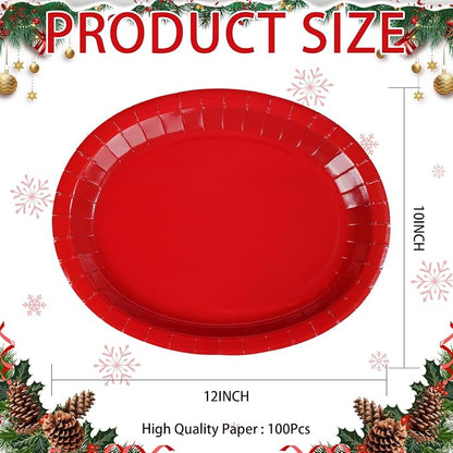 100Pcs Red Oval Paper Plates 10"x12" Large Heavy Duty Red Party Plates Disposable Patriotic Platters for 4th of July Independence Day World Cup Holiday BBQ Picnic Wedding Birthday Party Decor Supplies
