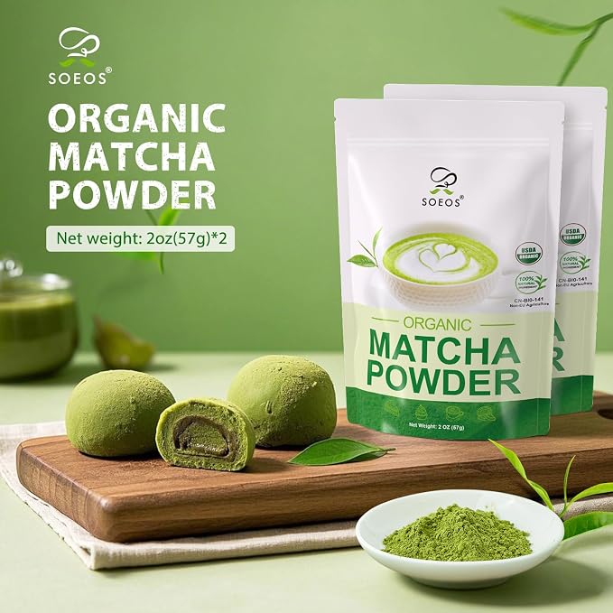 Soeos Organic Matcha Powder, Matcha Green Tea Powder, 2 oz (2 Pack), Total 4 oz, Antioxidant-Rich Matcha Powder for Lattes, Smoothies and Baking, Recyclable Bags