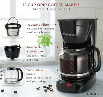 Mixpresso 12 Cup Coffee Pot, Auto-Off & Reusable Filter, Large Drip Coffee Maker, Borosilicate Glass Carafe, Anti-Drip, Water Window, Easy On/Off Switch, Black Coffee Machine