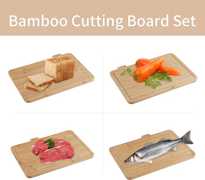 Fiery Chef 12.6"L x 9"W Bamboo Cutting Board Set of 4 - Wood Cutting Board Set with Holder, Chopping Boards Set with Food Icons, Juice Groove - Ideal for Meat, Fish, Bread, Vegetable, Fruit Chopping