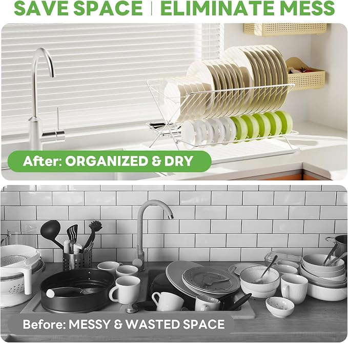 Over The Sink Dish Drying Rack, 3 Tier Large Capacity Stainless Steel Collapsible Foldable Dish Drainer, Space Saving for Kitchen Counter with Utensil Holder and Drainboard (Upgraded)