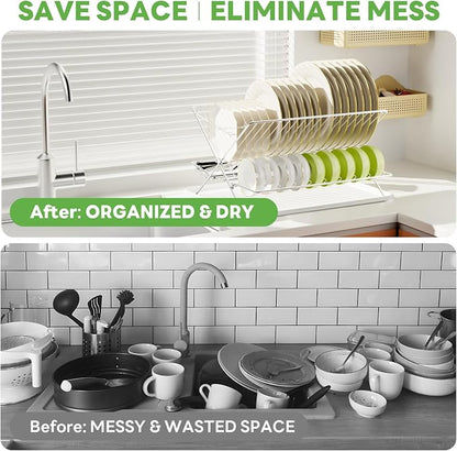 Over The Sink Dish Drying Rack, 3 Tier Large Capacity Stainless Steel Collapsible Foldable Dish Drainer, Space Saving for Kitchen Counter with Utensil Holder and Drainboard (Upgraded)