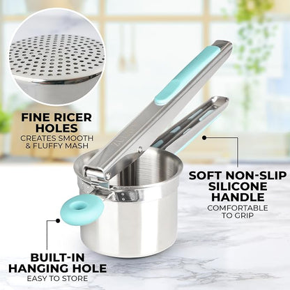 Zulay Kitchen Large 15oz Potato Ricer, Heavy Duty Stainless Steel Potato Masher and Ricer for Mashed Potatoes, Mashed Potato Masher & Potato Press Gadget for Perfect Mashed Potatoes - Turquoise