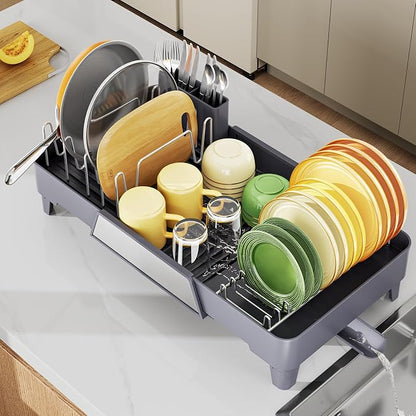 Urackify Extendable Dish Drying Rack, Stainless Steel Dish Drainer for Kitchen Counter, Expandable 15.3" to 22.6" Dish Rack with Large Drainboard and Utensil Holder, Countertop Kitchen Storage, Gray
