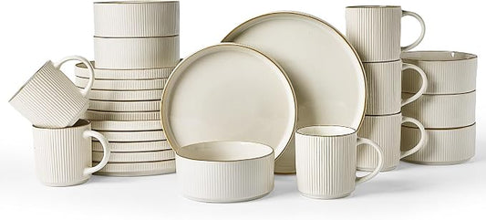Famiware Star 24-Piece Stoneware Dinnerware Sets with Trim, Service for 6 - Ceramic Mugs, Plates, Bowls, Dishes for Everyday/Party/Formal Use, Chip/Scratch Resistant, Microwave/Dishwasher Safe, White