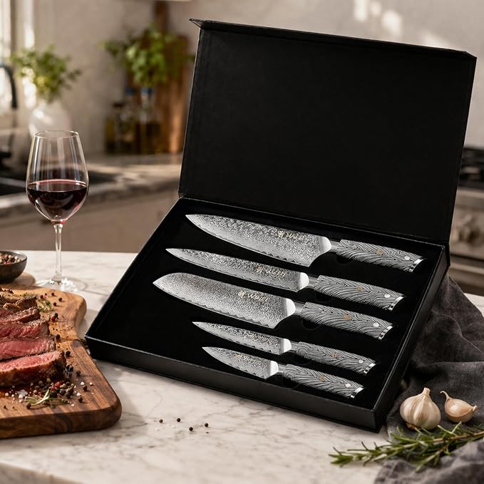 Wakoli Noir Blanc Damascus Knife Block Set – 5-Piece Professional Chef Knife Collection with Magnetic Block – Kitchen Knives made of 67-Layer Damascus Steel Blades & Ergonomic G10 Handles in Gift Box