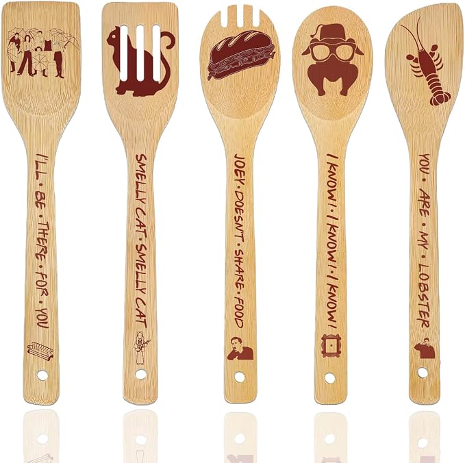 Friends TV Show Merchandise Gifts Wooden Spoons for Cooking, Natural Bamboo Kitchen Utensils Set 5 Pack for Holiday Party Decorations Kitchens Accessories Christmas Birthday Gift Comedy Fans Lover