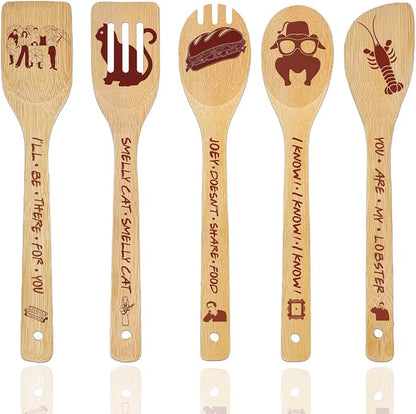 Friends TV Show Merchandise Gifts Wooden Spoons for Cooking, Natural Bamboo Kitchen Utensils Set 5 Pack for Holiday Party Decorations Kitchens Accessories Christmas Birthday Gift Comedy Fans Lover