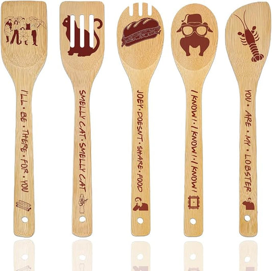 Friends TV Show Merchandise Gifts Wooden Spoons for Cooking, Natural Bamboo Kitchen Utensils Set 5 Pack for Holiday Party Decorations Kitchens Accessories Christmas Birthday Gift Comedy Fans Lover