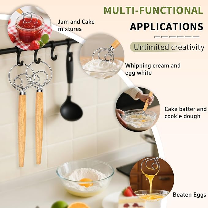 Hand Whisk Stainless Steel Dough Hook Dutch Whisk for Sourdough Bread Dough Mixer Hand Wooden Handle Kitchen Whisking Mixing Tool Bread Making Tools (1 eye)