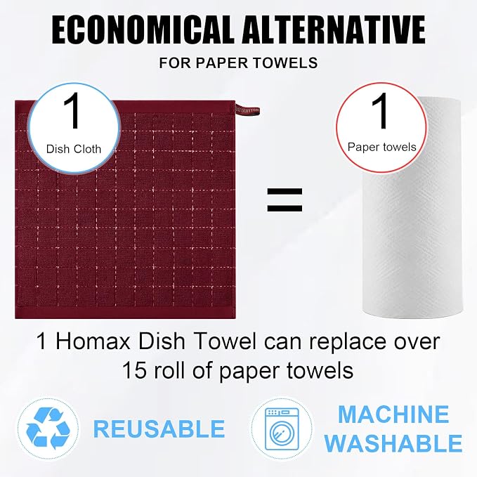 Homaxy 100% Cotton Terry Kitchen Dish Cloths, Ultra Soft and Absorbent Dish Towels for Kitchen, Suitable for Drying and Washing Dishes, 12 Pack, 12 x 12 Inches, Burgundy Red