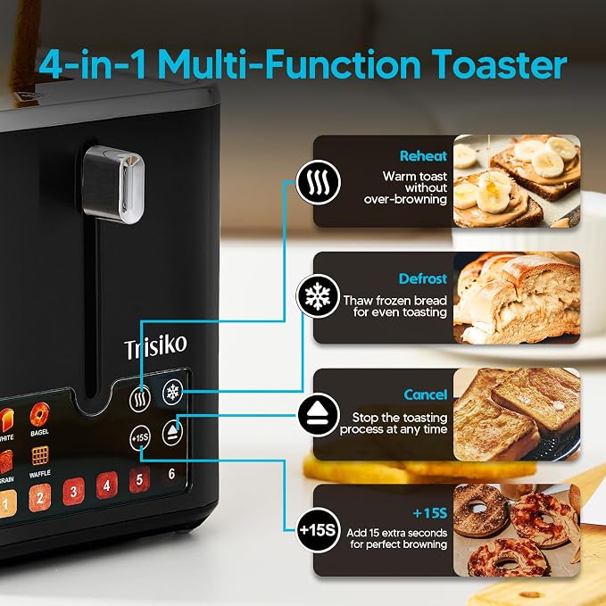 Touch Screen Electric Toaster 2 Slice, Stainless Steel Smart Toaster with Digital Timer, 1.38" Extra-Wide Slots for Bread& Bagel, Great for Home, Office,Dorm (Black)
