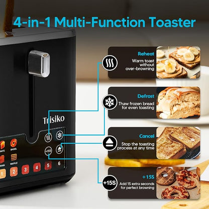 Touch Screen Electric Toaster 2 Slice, Stainless Steel Smart Toaster with Digital Timer, 1.38" Extra-Wide Slots for Bread& Bagel, Great for Home, Office,Dorm (Black)