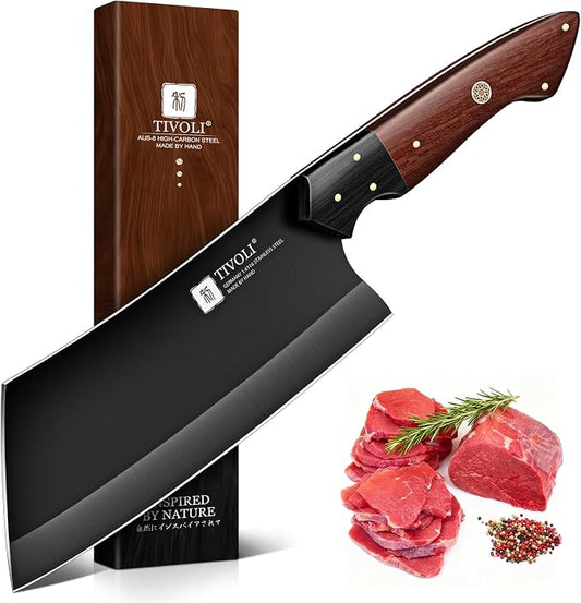 TIVOLI Meat Cleaver Knife 7inch - Black Butcher Knife for Meat Cutting - Japanese High Carbon Steel Cleaver for Vegetables Chopping - Kitchen Cooking Knives with Wooden Handle - Gift for Men and Women