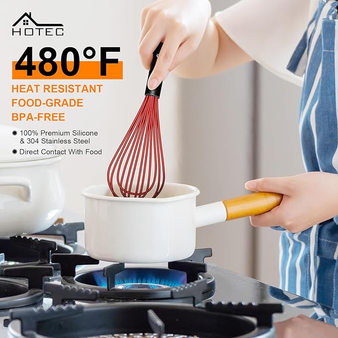 HOTEC 4 Pieces Silicone Whisks Set, Wire Balloon Whisks for cooking Egg Beater, Non-slip Handle Whisk for Non-stick Cookware Perfect for Cooking, Stirring, Beating and Blending,Red